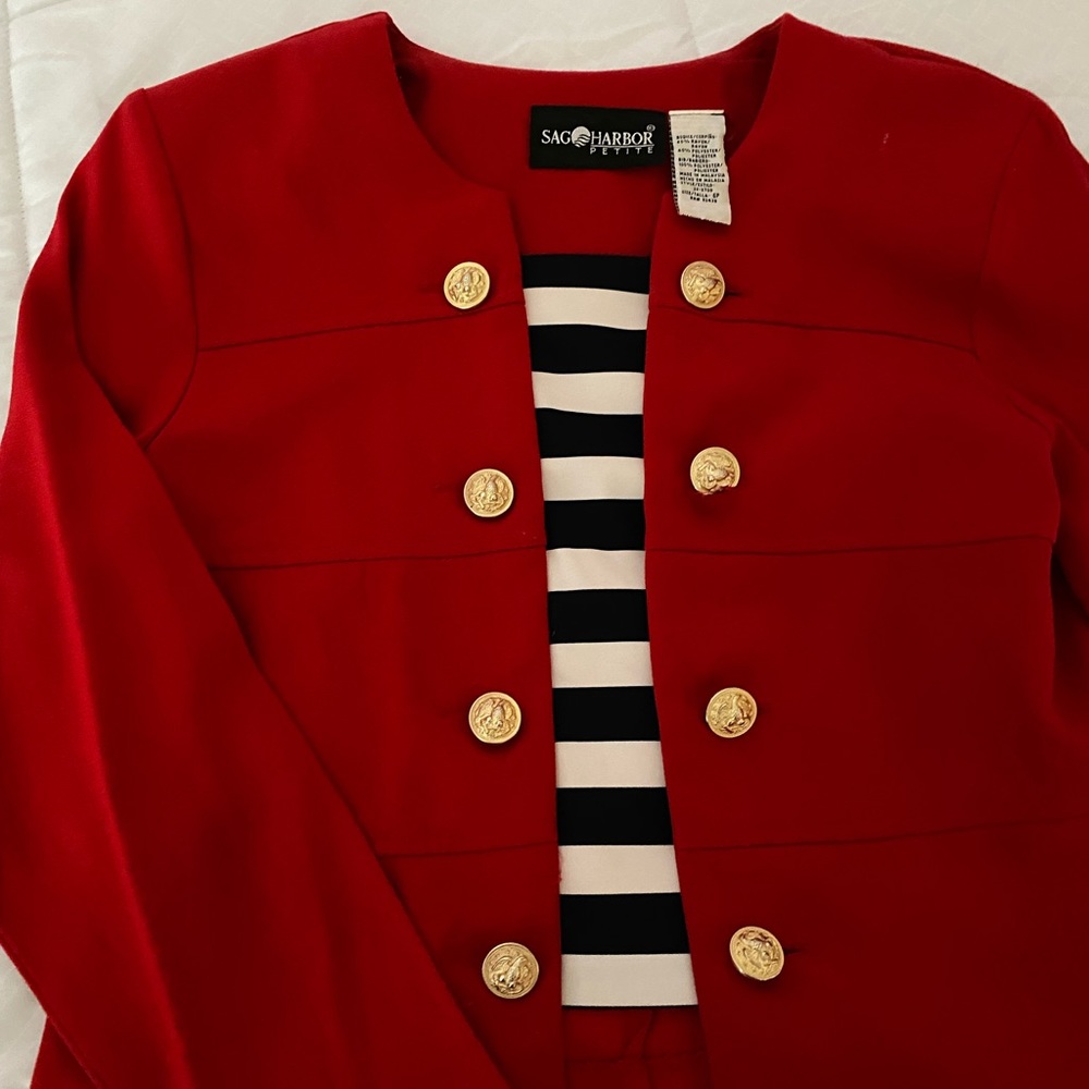 Red Blazer with navy blue and white insert